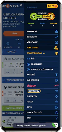 Képernyőkép Mostbet menü