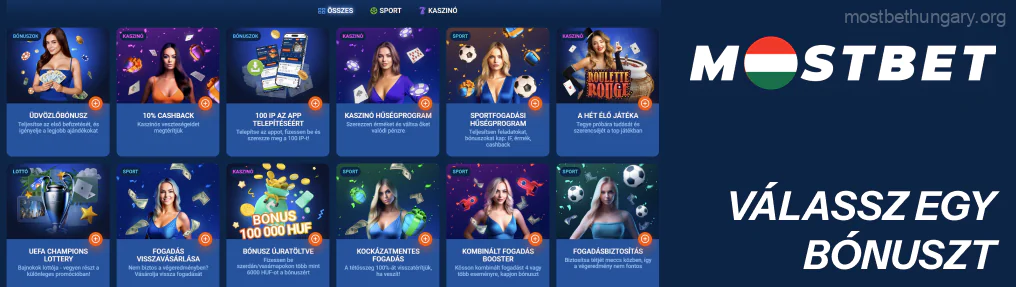 Nézze át az elérhető ajánlatokat, és válassza ki a figyelmét felkeltő bónuszt Mostbet